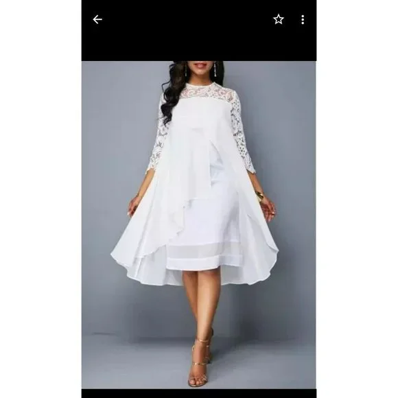 Rosewe | Dresses | Womens Elegant White Midi Lace Dress With Chiffon Layer  Size Medium | Poshmark